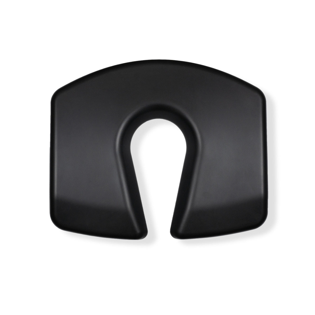 The Accessories and Parts for ShowerGlyde® Transfer Benches include a black, U-shaped orthopedic seat cushion with a central cutout and contoured design, shown on a white background.